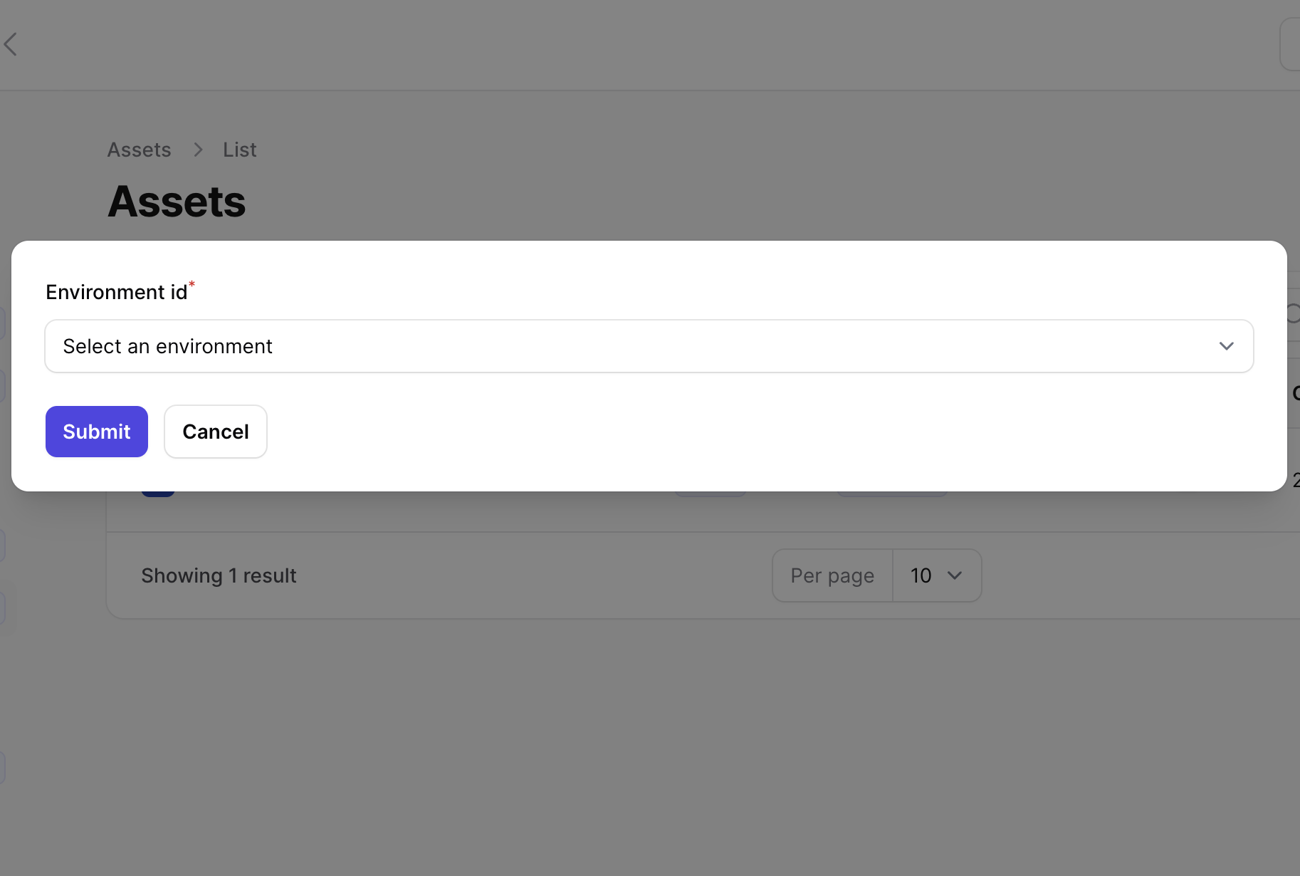 Select the environment where to copy the asset